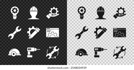 Definir lâmpada e engrenagem, Capacete de segurança do trabalhador, Configurações na mão, Máquina de broca elétrica, Setas de chave inglesa como fluxo de trabalho, chave e ícone Lápis. Vetor