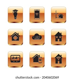Set Glühbirne und Graduierung, Thermostat, Smart Home Fernbedienung, Internet der Dinge, Haus mit Windturbine, Wi-Fi und Mobile Wireless Symbol. Vektorgrafik