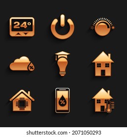 Set Light bulb and graduation cap, Humidity for smart home, House temperature, Smart, Thermostat and  icon. Vector