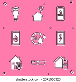 Set Light bulb and graduation cap, Smart home with wi-fi, Mobile password protection, Humidity for smart, charging battery, House temperature and glasses icon. Vector