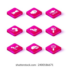 Set Light bulb in hand, Human head with question mark, Ladder leading to cloud, Project team base, Magnifying glass gear, for search people, User of business suit and puzzles strategy icon. Vector