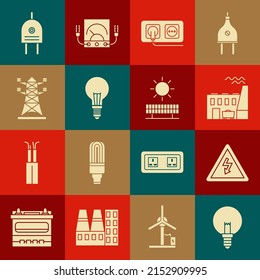 Set Light bulb, High voltage sign, Coal power plant and factory, Electrical outlet, with concept of idea, pole line, plug and Solar energy panel sun icon. Vector