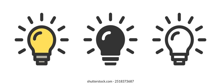 Set of light bulb icon. Electric lamp, light, innovation, solution, creative thinking, electricity. Idea symbol. Editable stroke. Vector illustration.