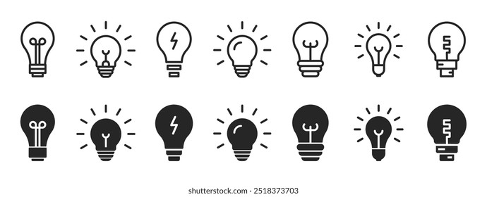 Set of light bulb icon. Electric lamp, light, innovation, solution, creative thinking, electricity. Idea symbol. Editable stroke. Сollection of light bulb outline symbols. Vector illustration.