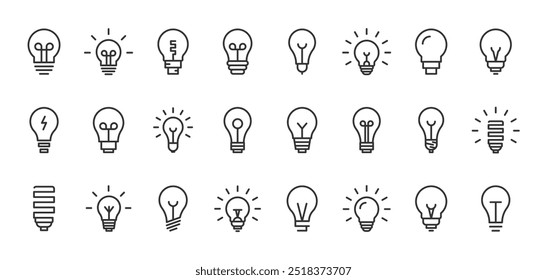Set of light bulb icon. Electric lamp, light, innovation, solution, creative thinking, electricity. Idea symbol. Editable stroke. Сollection of light bulb outline symbols. Vector illustration.
