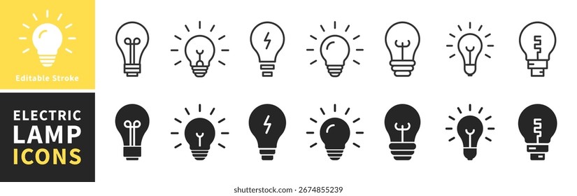 Set of light bulb icon. Electric lamp, light, innovation, solution, creative thinking, electricity. Idea symbol. Editable stroke. Сollection of light bulb outline symbols. Vector illustration.