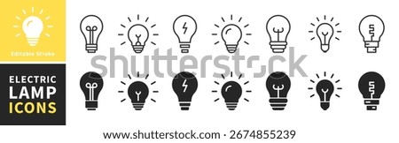Set of light bulb icon. Electric lamp, light, innovation, solution, creative thinking, electricity. Idea symbol. Editable stroke. Сollection of light bulb outline symbols. Vector illustration.