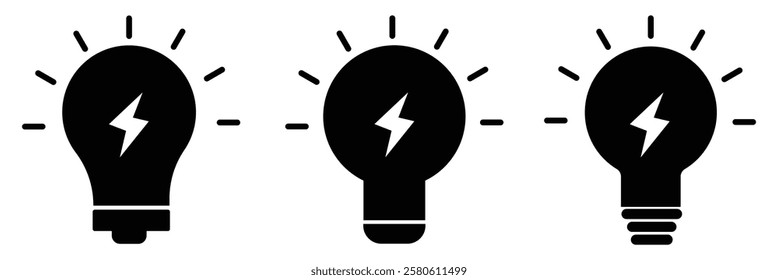 A set of light bulb icon. Idea symbol. Electric lamp, light, innovation, solution, creative thinking, electricity. Outline, flat and colored style. Flat design eps 888.