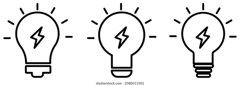 A set of light bulb icon. Idea symbol. Electric lamp, light, innovation, solution, creative thinking, electricity. Outline, flat and colored style. Flat design eps 888.