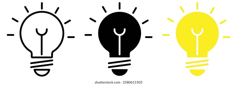 A set of light bulb icon. Idea symbol. Electric lamp, light, innovation, solution, creative thinking, electricity. Outline, flat and colored style. Flat design eps 888.