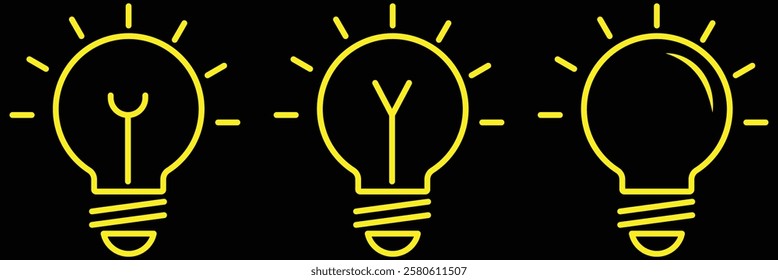 A set of light bulb icon. Idea symbol. Electric lamp, light, innovation, solution, creative thinking, electricity. Outline, flat and colored style. Flat design eps 888.