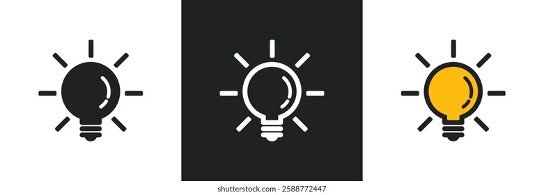 A set of light bulb icon. Idea symbol. Electric lamp, light, innovation, solution, creative thinking, electricity. Outline, flat and colored style. Flat design.