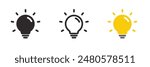 A set of light bulb icon on white background. Idea symbol. Electric lamp, light, innovation, solution, creative thinking, electricity. Outline, flat and colored style. Flat design.