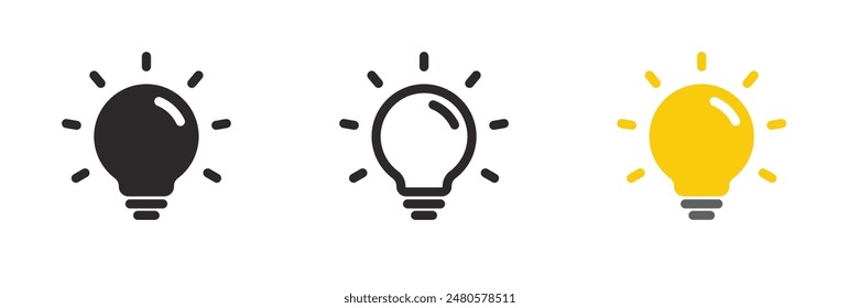 Un conjunto de icono de bombilla sobre fondo blanco. Símbolo de idea. Lámpara eléctrica, luz, innovación, solución, pensamiento creativo, electricidad. Contorno, estilo plano y colorido. Diseño plano.