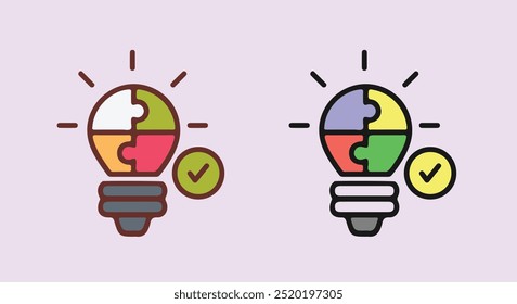 Un conjunto de icono de bombilla sobre fondo blanco. Símbolo de la idea. Lámpara eléctrica, luz, innovación, solución, pensamiento creativo, electricidad. Contorno, plano y coloreado