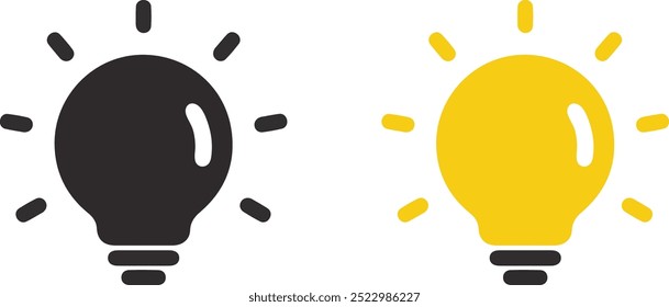 Conjunto de icono de bombilla sobre fondo blanco. Símbolo de la idea. Lámpara eléctrica, luz, innovación, solución, pensamiento creativo, electricidad. Esquema, estilo plano y coloreado. Diseño plano.