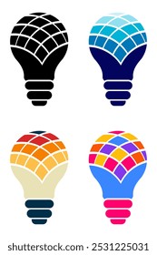 A set of light bulb icon on white background. Idea symbol. Electric lamp, light, innovation, solution, creative thinking, electricity. solid and filled outline colorful version.Vector Flat design.