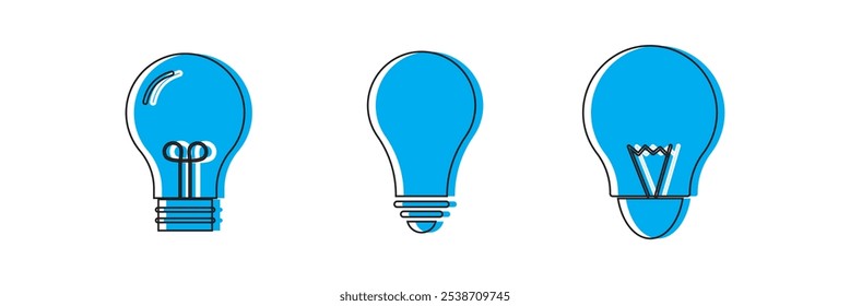 Un conjunto de icono de bombilla sobre fondo blanco. Símbolo de la idea. Lámpara eléctrica, luz, innovación, solución, pensamiento creativo, electricidad. Esquema, estilo plano y coloreado. Diseño plano.