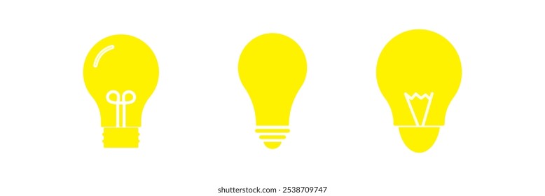 Un conjunto de icono de bombilla sobre fondo blanco. Símbolo de la idea. Lámpara eléctrica, luz, innovación, solución, pensamiento creativo, electricidad. Esquema, estilo plano y coloreado. Diseño plano.
