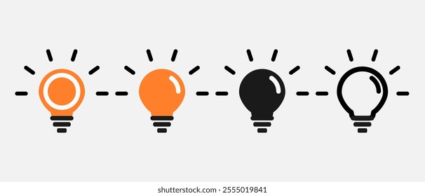 A set of light bulb icon on white background. Idea symbol. Electric lamp, light, innovation, solution, creative thinking, electricity. Outline, flat and colored style. Flat design.