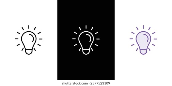 A set of light bulb icon on white background. Idea symbol. Electric lamp, light, innovation, solution, creative thinking, electricity. Outline, flat and colored style. Flat design.