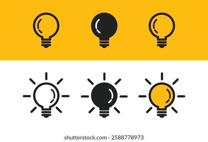 A set of light bulb icon on white background. Idea symbol. Electric lamp, light, innovation, solution, creative thinking, electricity. Outline, flat and colored style.