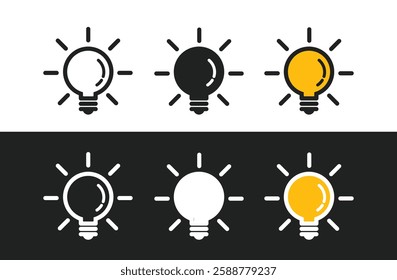 A set of light bulb icon on white background. Idea symbol. Electric lamp, light, innovation, solution, creative thinking, electricity. Outline, flat and colored style.