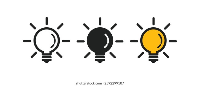 A set of light bulb icon on white background. Idea symbol. Electric lamp, light, innovation, solution, creative thinking, electricity. Outline, flat and colored style. Flat design.