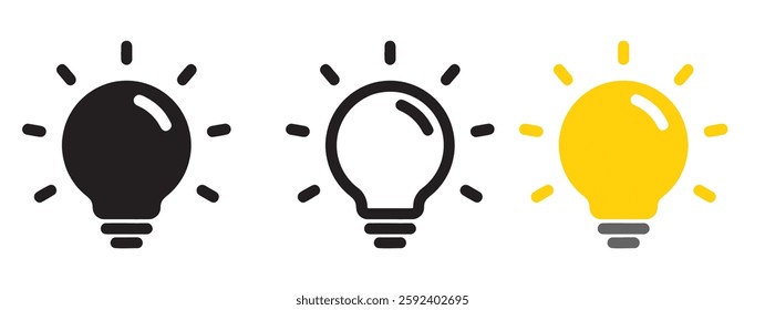 A set of light bulb icon on white background. Idea symbol. Electric lamp, light, innovation, solution, creative thinking, electricity. Outline, flat and colored style. Flat design