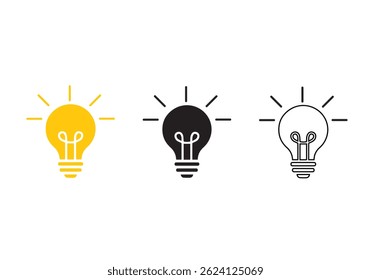 A set of light bulb icon on white background. Idea symbol. Electric lamp, light, innovation, solution, creative thinking, electricity. Outline, flat and colored style. Flat design