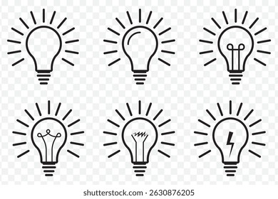 A set of light bulb icon on white background. Idea symbol. Electric lamp, light, innovation, solution, creative thinking, electricity. Outline, flat and colored style. Flat design. EPS 10.