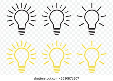 A set of light bulb icon on white background. Idea symbol. Electric lamp, light, innovation, solution, creative thinking, electricity. Outline, flat and colored style. Flat design. EPS 10.