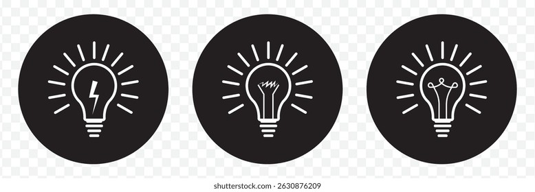 A set of light bulb icon on white background. Idea symbol. Electric lamp, light, innovation, solution, creative thinking, electricity. Outline, flat and colored style. Flat design. EPS 10.