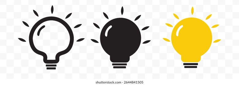 A set of light bulb icon on white background. Idea symbol. Electric lamp, light, innovation, solution, creative thinking, electricity. Outline, flat and colored style. Flat design.