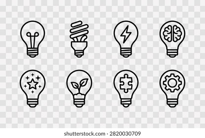 Set of light bulb icons, creative ideas, innovation, and problemsolving concepts, thin line style vector illustrations