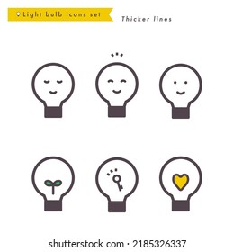 A set of light bulb icons drawn with thicker lines. vector.