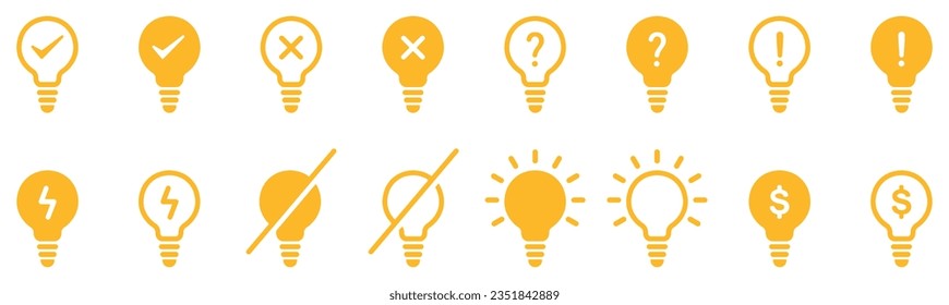 Set of light bulb icons. Lamp with check marks and signs, light bulbs with different symbols. Vector illustration.