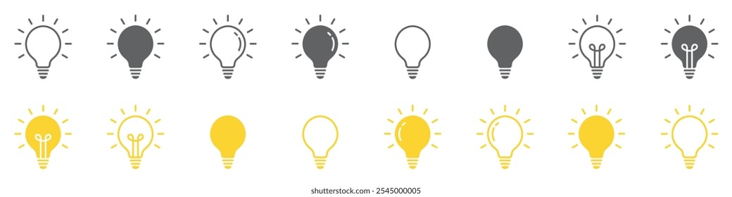 Set of light bulb icons. Lighting, electric lamp, led lights. Electricity symbol. Vector.
