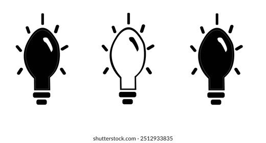 Eine Reihe von Glühbirnen-Symbolen auf weißem Hintergrund. Ideensymbol. Elektrische Lampe, Licht, Innovation, Lösung, kreatives Denken, Elektrizität. Umriss, flach und geschlossen Flaches Design-Element Illustration