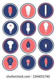 Set of light bulb icons in red,white and blue for logo, stickers or various designs.