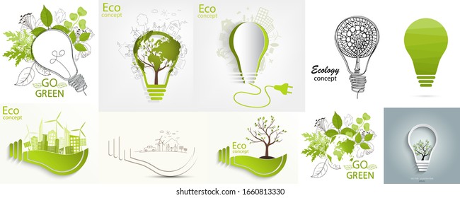 Set. Light bulb idea. Go green. Environmentally friendly world. City, solar panels, a windmill in a light bulb. Doodle drawing. Leaves, flowers near the light bulb. Ecology. Vector illustration.