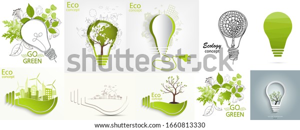 Set. Light bulb idea. Go green.\
Environmentally friendly world. City, solar panels, a windmill in a\
light bulb. Doodle drawing. Leaves, flowers near the light bulb.\
Ecology. Vector\
illustration.