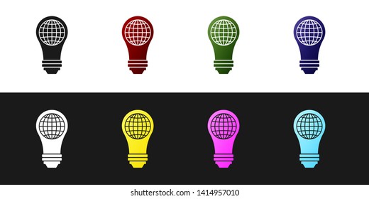 Set Light bulb with inside world globe icon isolated on black and white background. Planet Earth on the lamp. Global ecology concept. Vector Illustration