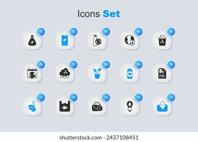 Set Light bulb with leaf, Acid rain radioactive cloud, Mobile phone, Thermometer, Iceberg, Bio fuel canister, Garbage bag and Plant pot icon. Vector