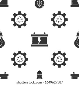 Set Light bulb with leaf, Car battery and Recycle symbol and gear on seamless pattern. Vector
