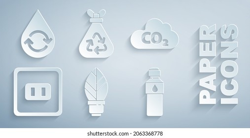 Set Light bulb with leaf, CO2 emissions in cloud, Electrical outlet, Bottle of water, Garbage bag recycle and Recycle clean aqua icon. Vector