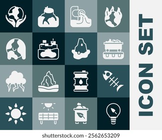 Set Light bulb with leaf, Dead fish, Coal train wagon, Wastewater, Wrecked oil tanker ship, Global warming, Hand holding Earth globe and Glacier melting icon. Vector