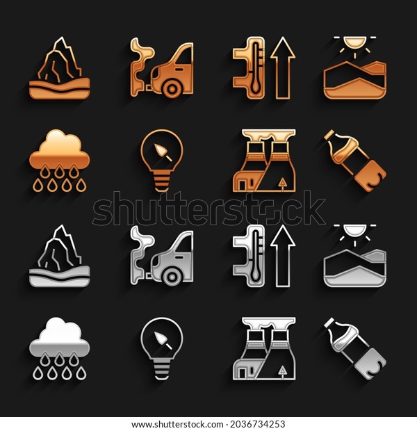 Set Light bulb with leaf, Drought, Bottle of\
water, Nuclear power plant, Cloud rain, Global warming, Iceberg and\
Car exhaust icon. Vector
