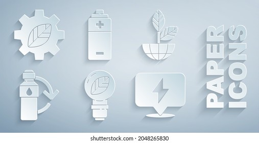 Set Light bulb with leaf, Earth globe and plant, Recycling plastic bottle, Lightning bolt, Battery and Leaf gear machine icon. Vector