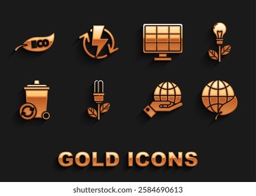 Set Light bulb with leaf, Earth globe and, Human hands holding, Recycle bin recycle symbol, Solar energy panel, Leaf Eco and Recharging icon. Vector